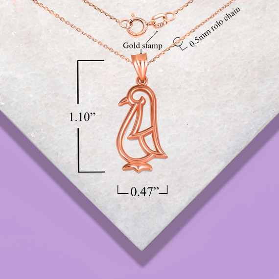 Rose Gold Openwork Penguin Outline Pendant Necklace with measurements