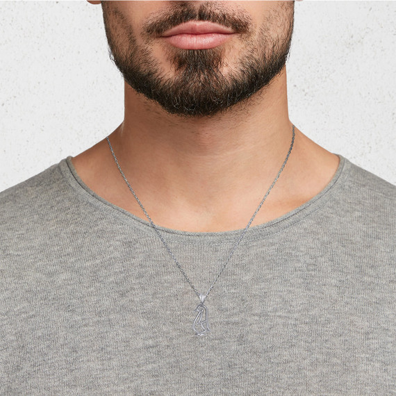 Silver Openwork Penguin Outline Pendant Necklace on male model
