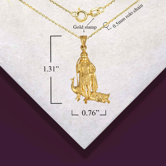 Gold Lord Murugan-Karttikeya Hindu God of War, Power, and Strength Pendant Necklace with measurements