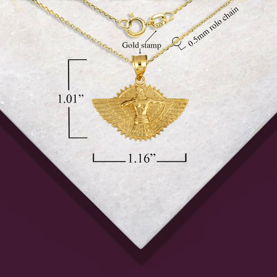 Gold Ashur Assyrian Chief God of War Winged Sun Disc Pendant Necklace with measurements