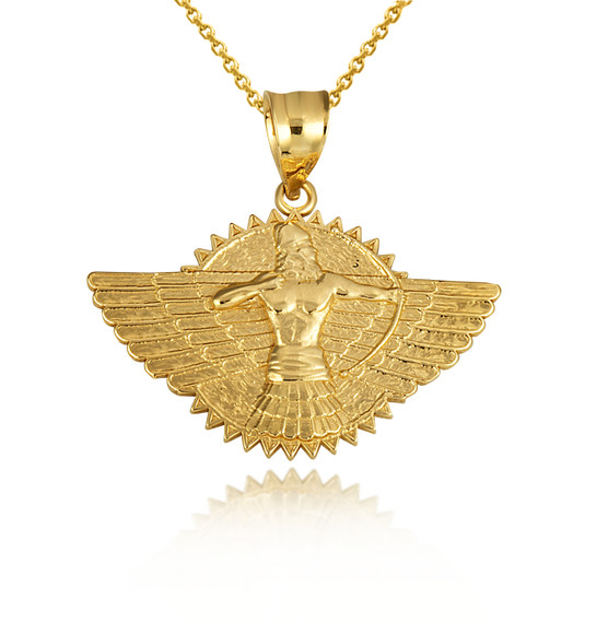 Gold Ashur Assyrian Chief God of War Winged Sun Disc Pendant Necklace