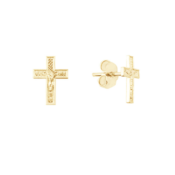 Yellow Gold Religious Jesus Christ Cross Crucifix Stud Earrings