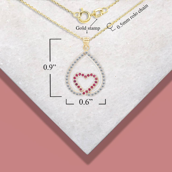 Gold Diamond and Ruby Teardrop Eternity Heart Pendant Necklace with Measurement