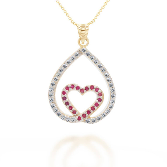 Gold Diamond and Ruby Teardrop Eternity Heart Pendant Necklace