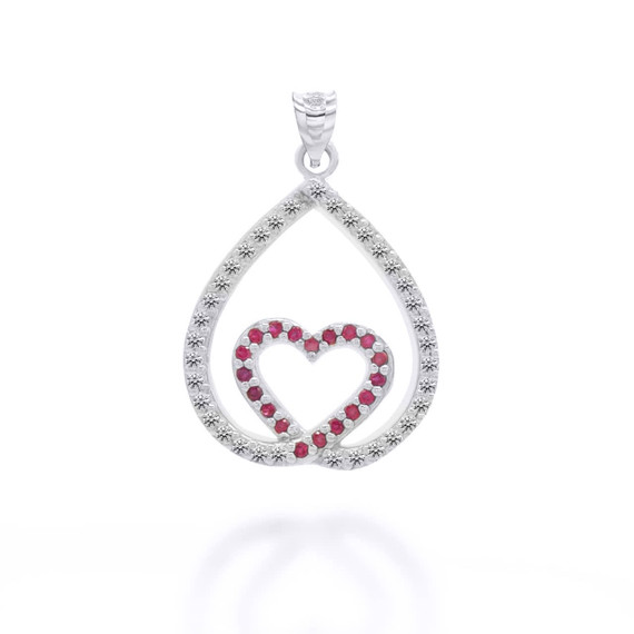 White Gold Diamond and Ruby Teardrop Eternity Heart Pendant