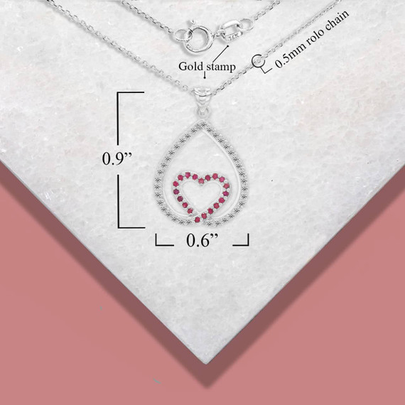 White Gold Diamond and Ruby Teardrop Eternity Heart Pendant Necklace with Measurement
