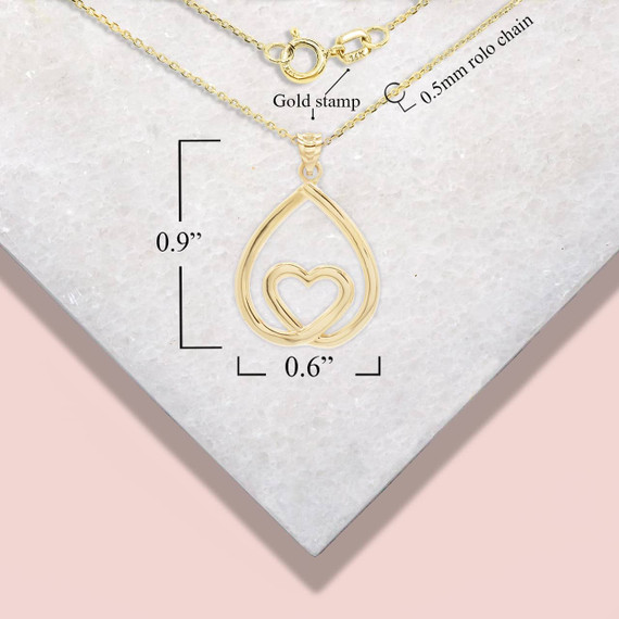 Gold Teardrop Eternity Heart Pendant Necklace with Measurement