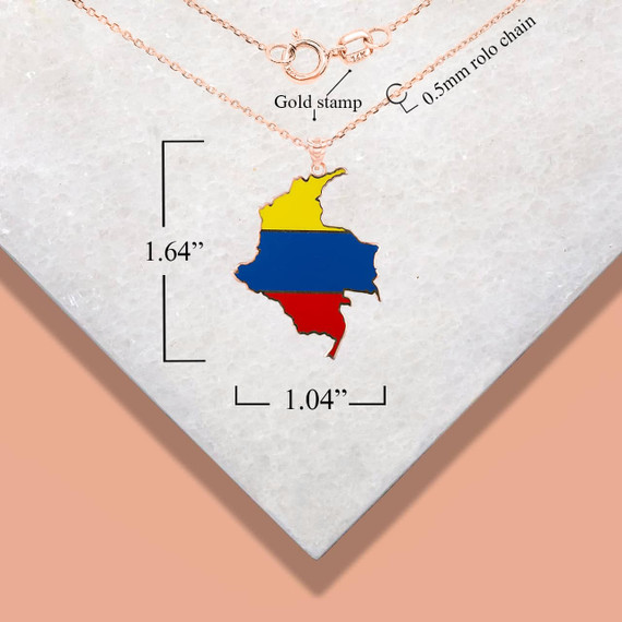 Rose Gold Map of Colombia Country Flag Enamel Pendant Necklace with Measurement