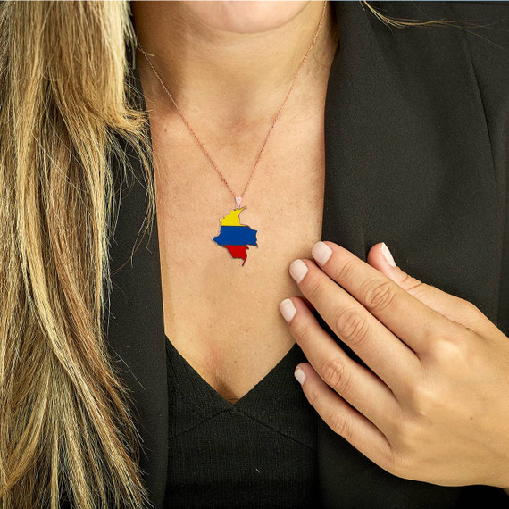 Rose Gold Map of Colombia Country Flag Enamel Pendant Necklace on a Female Model