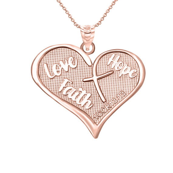 Rose Gold Heart Cross Prayer 1 Corinthians 13:13 Love, Hope, Pray Script Bible Verse Pendant Necklace