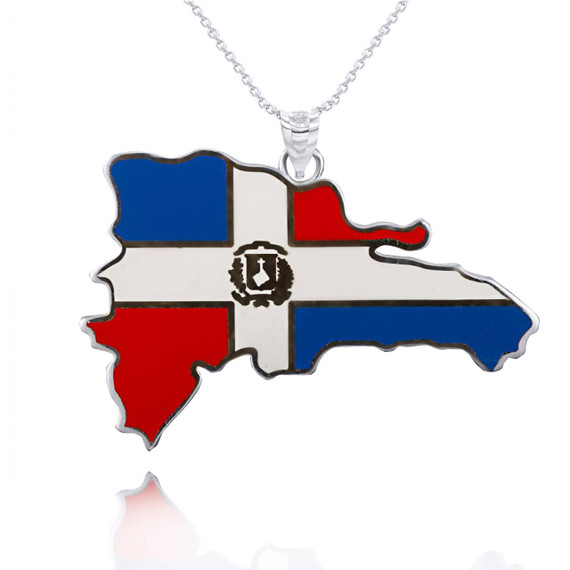 White Gold Map of Dominican Republic Country Flag Enamel Pendant Necklace