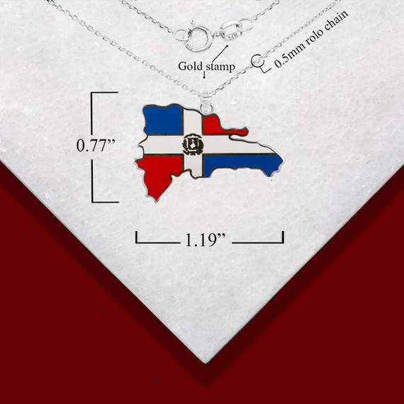 White Gold Map of Dominican Republic Country Flag Enamel Pendant Necklace with Measurement