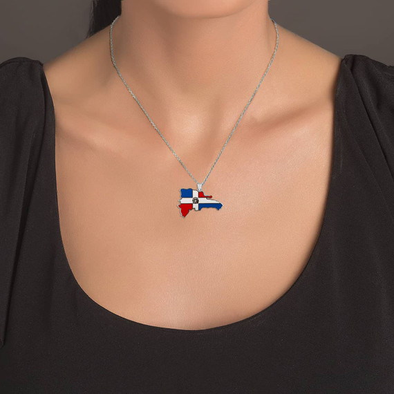 White Gold Map of Dominican Republic Country Flag Enamel Pendant Necklace on a Model