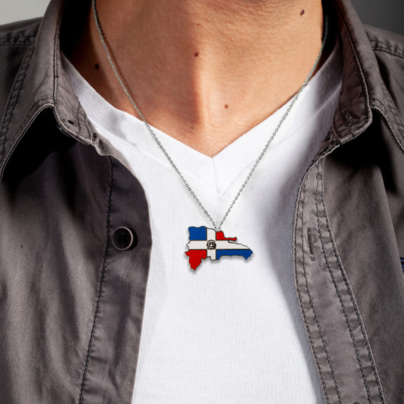 .925 Sterling Silver Map of Dominican Republic Country Flag Enamel Pendant Necklace on a Model