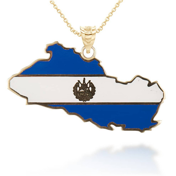 Yellow Gold Map Of El Salvador Country Flag Enamel Pendant Necklace