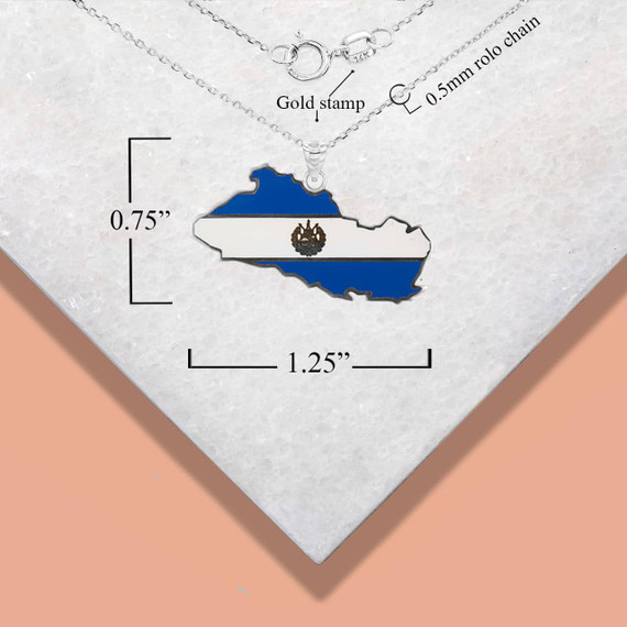 White Gold Map Of El Salvador Country Flag Enamel Pendant Necklace with Measurement