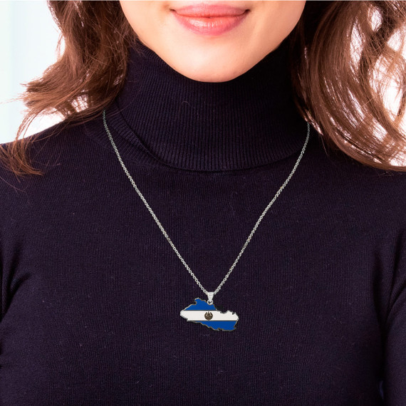 White Gold Map Of El Salvador Country Flag Enamel Pendant Necklace on Female Model
