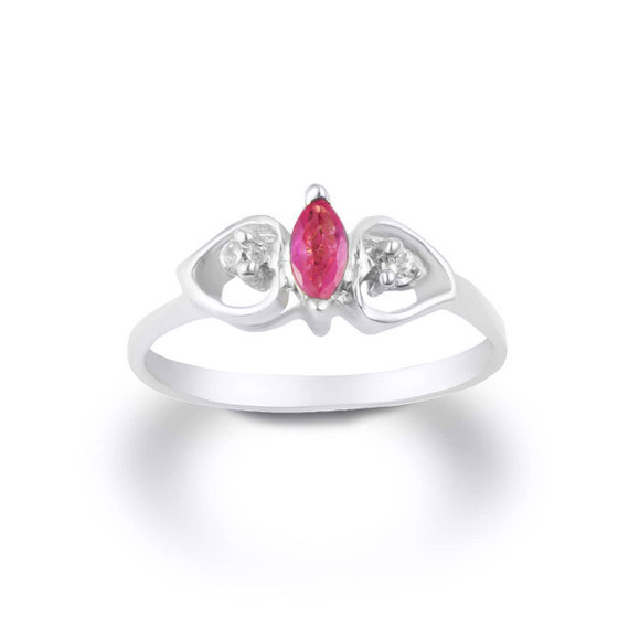 .925 Sterling Silver Marquise Cut Ruby Gemstone & White Topaz Double Heart Women's Ring