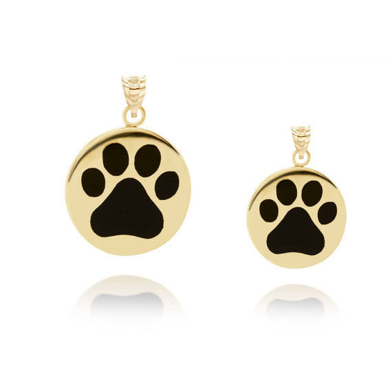 Yellow Gold Pet Dog Paw Print Black Enamel Medallion Pendant small and large sizes