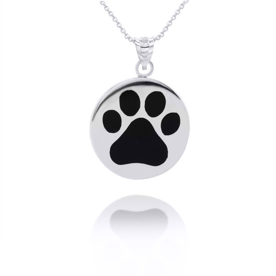 White Gold Pet Dog Paw Print Black Enamel Medallion Pendant Necklace