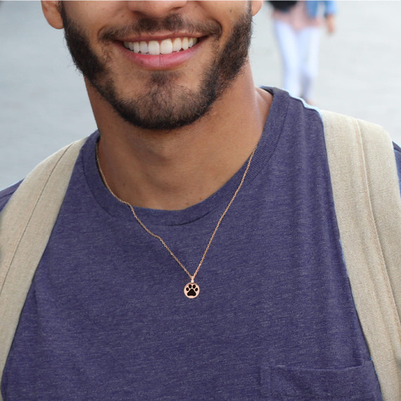 Rose Gold Pet Dog Paw Print Black Enamel Medallion Pendant Necklace on a male Model