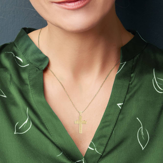 Yellow Gold Bible Verse 1 Peter 2:9 Prayer Chosen Script Textured Cross Pendant Necklace on female model