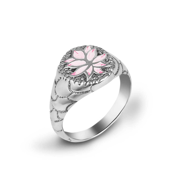 .925 Sterling Silver Pink Enamel Lotus Flower Scaled Round Signet Ring