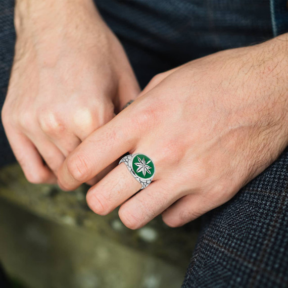 .925 Sterling Silver Green Enamel Marijuana Leaf Weed Scaled Signet Ring on male model