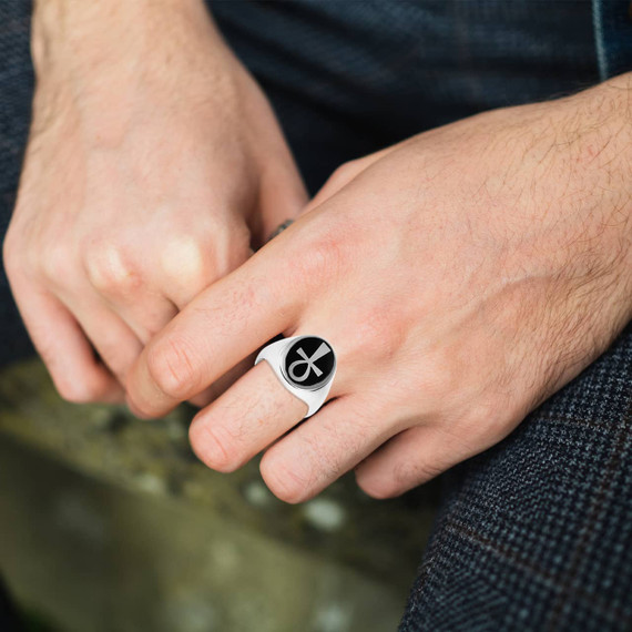 .925 Sterling Silver Black Enamel Egyptian Ankh Cross Oval Signet Ring on male model