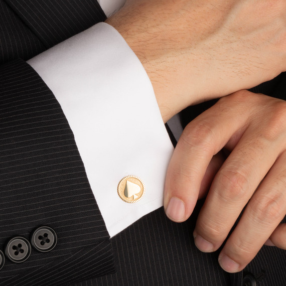 Yellow Gold Ace of Spades Playing Cards Cufflinks on male model