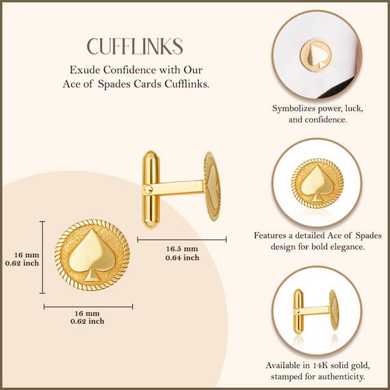 Yellow Gold Ace of Spades Playing Cards Cufflinks with measurements