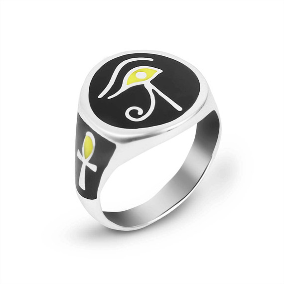 .925 Sterling Silver Egyptian Eye of Horus "Wedjet" Ankh Enamel Signet Ring side view