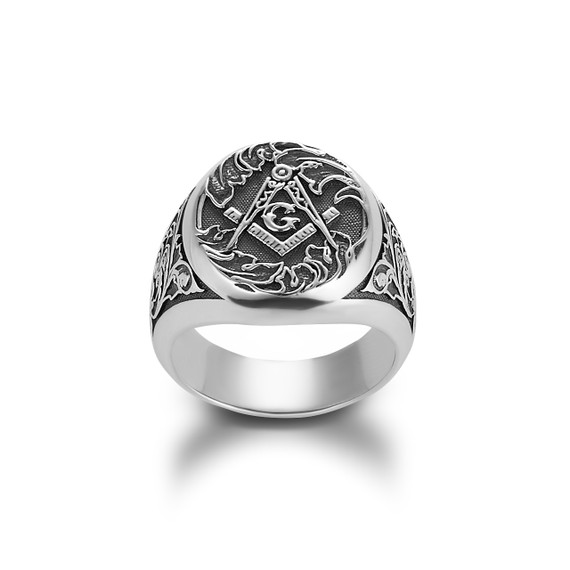 .925 Sterling Silver Victorian Filigree Freemason Square & Compass Oxidized Oval Signet Ring