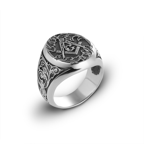 .925 Sterling Silver Victorian Filigree Freemason Square & Compass Oxidized Oval Signet Ring