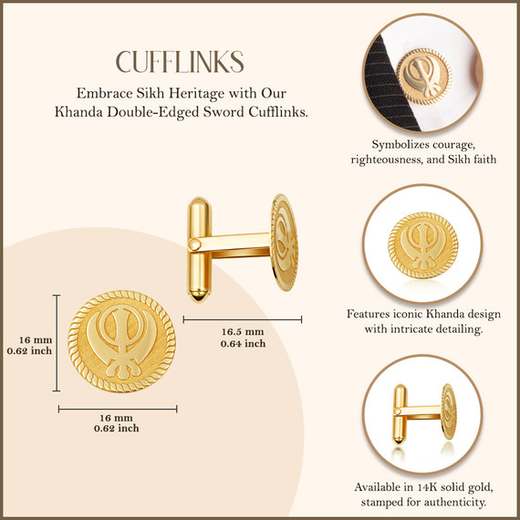 Yellow Gold Sikh Khanda Sword Chakra Punjabi Cufflinks with measurements