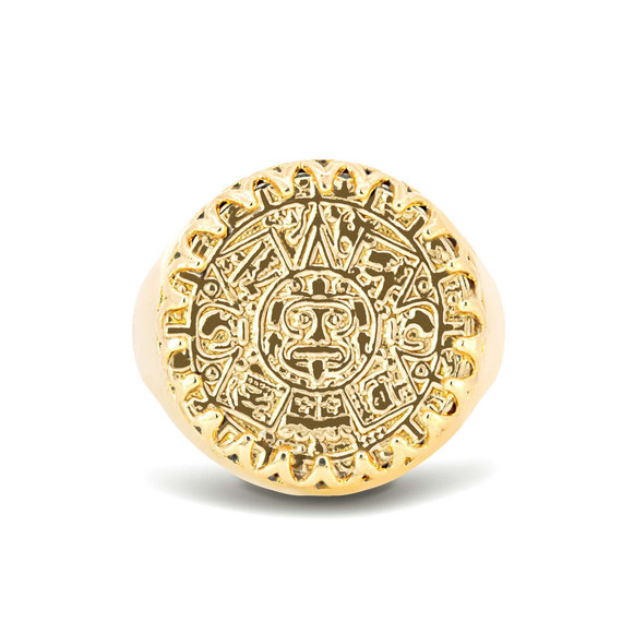 Yellow Gold Ancient Aztec Mayan Sun Calendar Statement Round Signet Ring top view