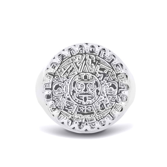 .925 Sterling Silver Ancient Aztec Mayan Sun Calendar Statement Round Signet Ring top view