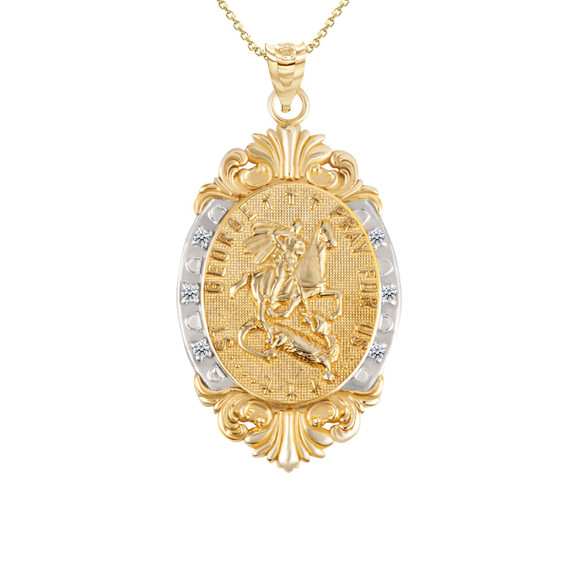 Oval Diamond Saint George Medallion Victorian Frame Pendant Necklace