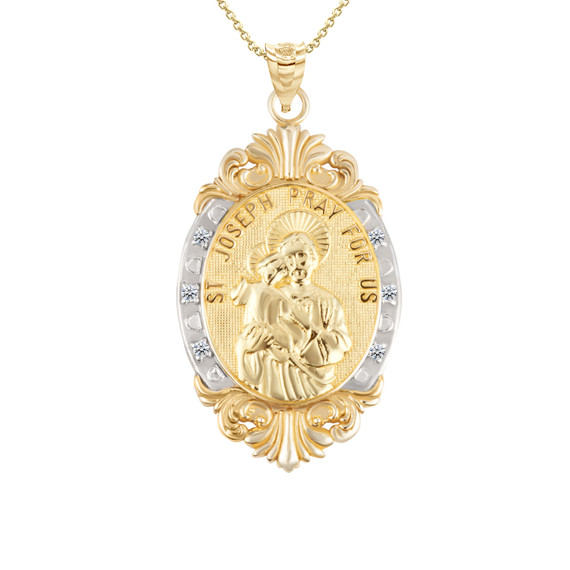 Oval Diamond Saint Joseph Medallion Victorian Frame Pendant Necklace