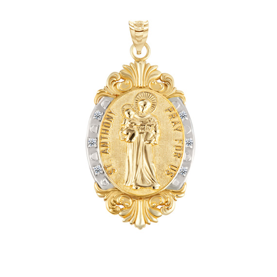 Oval Diamond Saint Anthony Medallion Victorian Frame Pendant