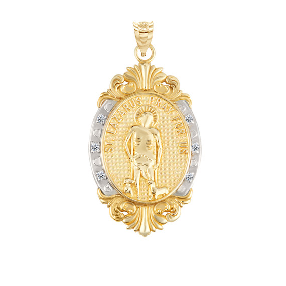 Oval Diamond Saint Lazarus Medallion Victorian Frame Pendant