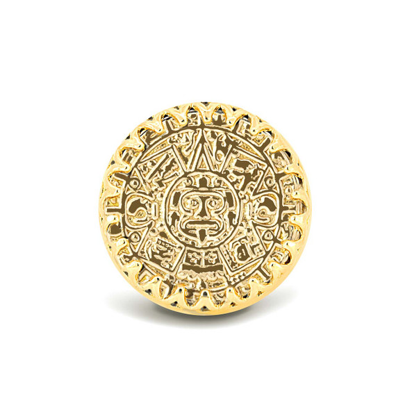 Ancient Aztec Mayan Sun Calendar Statement Oval Signet Ring top view