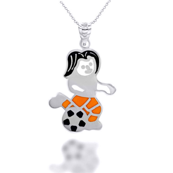 White Gold Enamel Girl Soccer Player Fútbol Sports Pendant Necklace