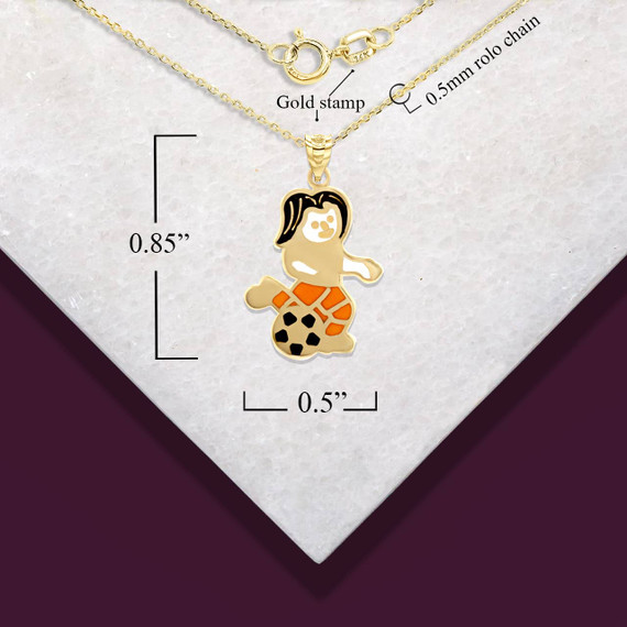 Yellow Gold Enamel Girl Soccer Player Fútbol Sports Pendant Necklace with measurement