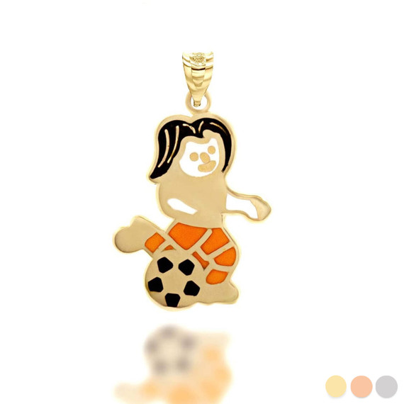 Yellow Gold Enamel Girl Soccer Player Fútbol Sports Pendant