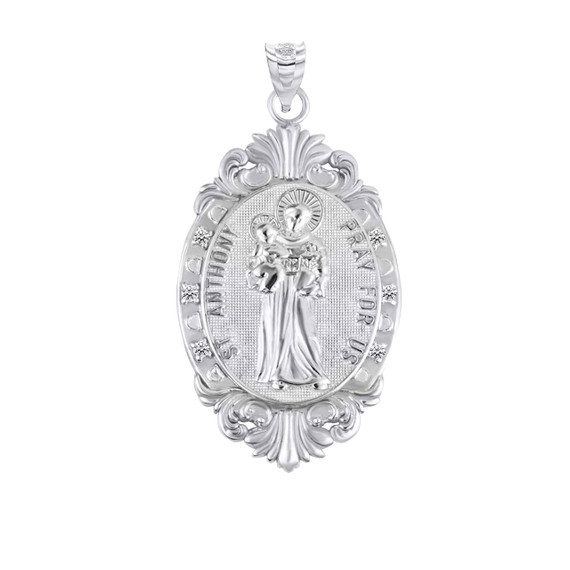 Silver Oval Saint Anthony Medallion Victorian Frame CZ Pendant