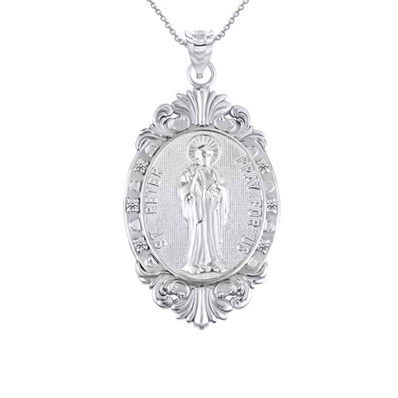 Silver Oval Saint Peter Medallion Victorian Frame CZ Pendant Necklace