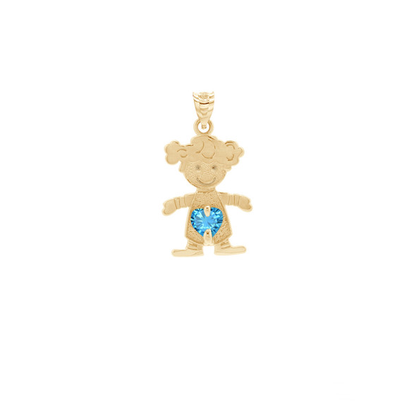 Yellow Gold Girl Heart Blue Topaz Birthstone Pendant