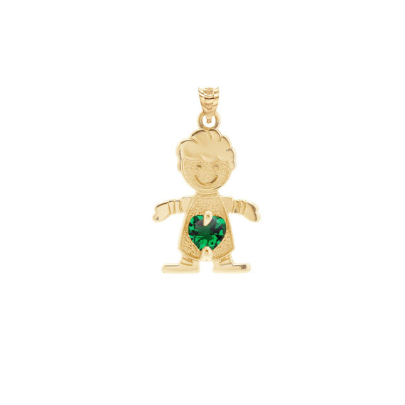 Yellow Gold Boy Heart Emerald Birthstone Pendant