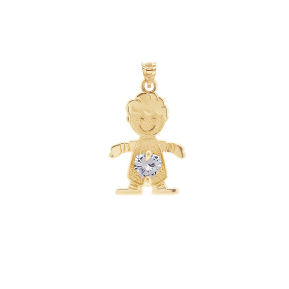 Yellow Gold Boy Heart Clear Cubic Zirconia Birthstone Pendant